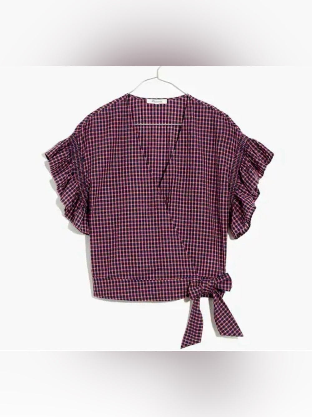 Madewell Purple and Pink Checkered Wrap Top